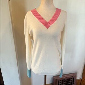 Boden 100% Cashmere Sweater Color Block Cream Teal Pink V-Neck Size Small